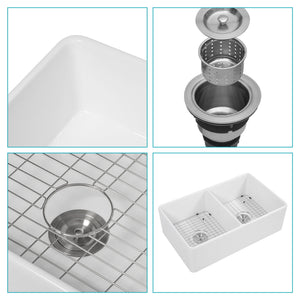 Sink 33" Double Bowl Kitchen Sink With Deep Bowls And Grids - White