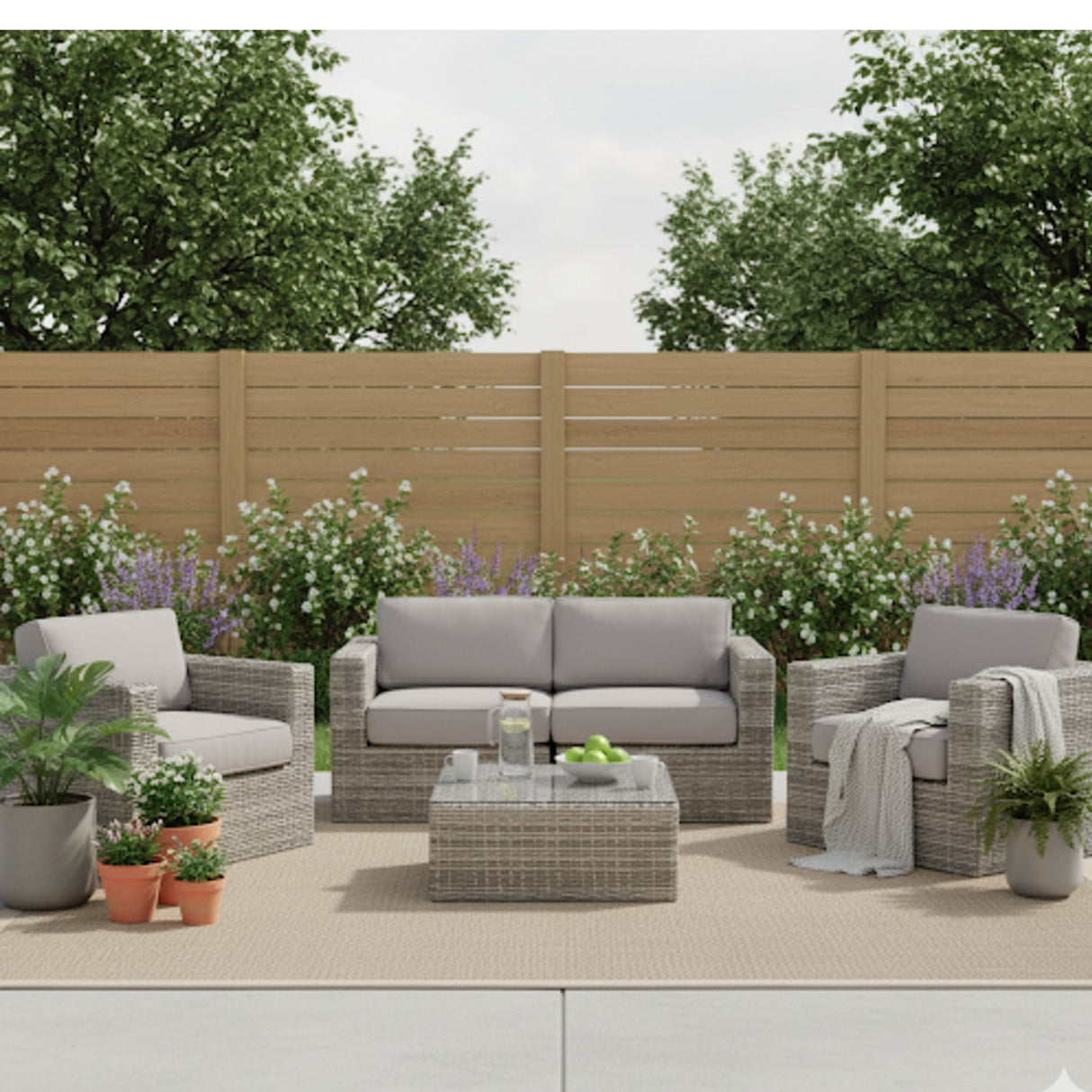 Wicker Seating Group Set With Table And Cushions