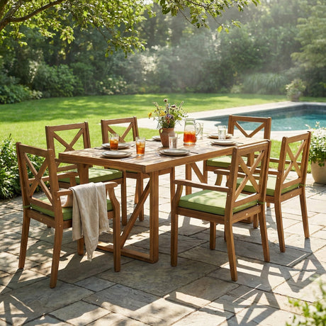 7 Pieces Acacia Wood Outdoor Dining Set with Green Cushions
