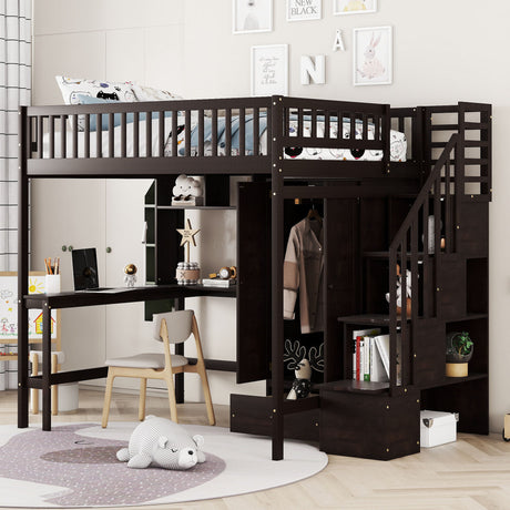 Loft Bed With Bookshelf, Drawers, Desk, And Wardrobe