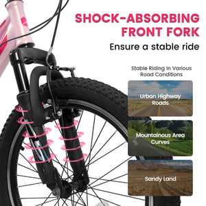 20" Children's Bicycle Shock Absorbing Front Fork 7 Speed V Brakes Mountain Tire Boys And Girls Kids Bike For Outdoor Adventure - Pink