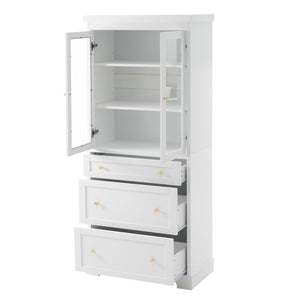 Freestanding Tall Bathroom Cabinet With Adjustable Shelves, Drawers, Soft Close Glass Doors
