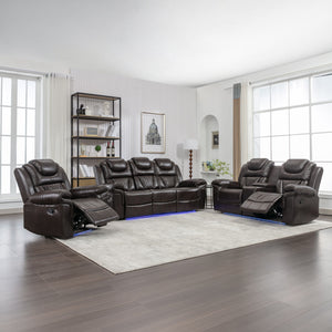 3 Pieces Recliner Sofa Sets Home Theater Seating Manual Recliner Chair & Center Console And LED Light Strip For Living Room - Brown