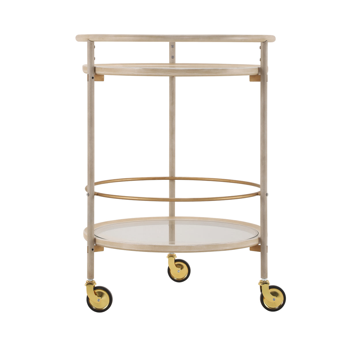 Round Bar Cart with Tempered Glass Shelves and Gold Accents