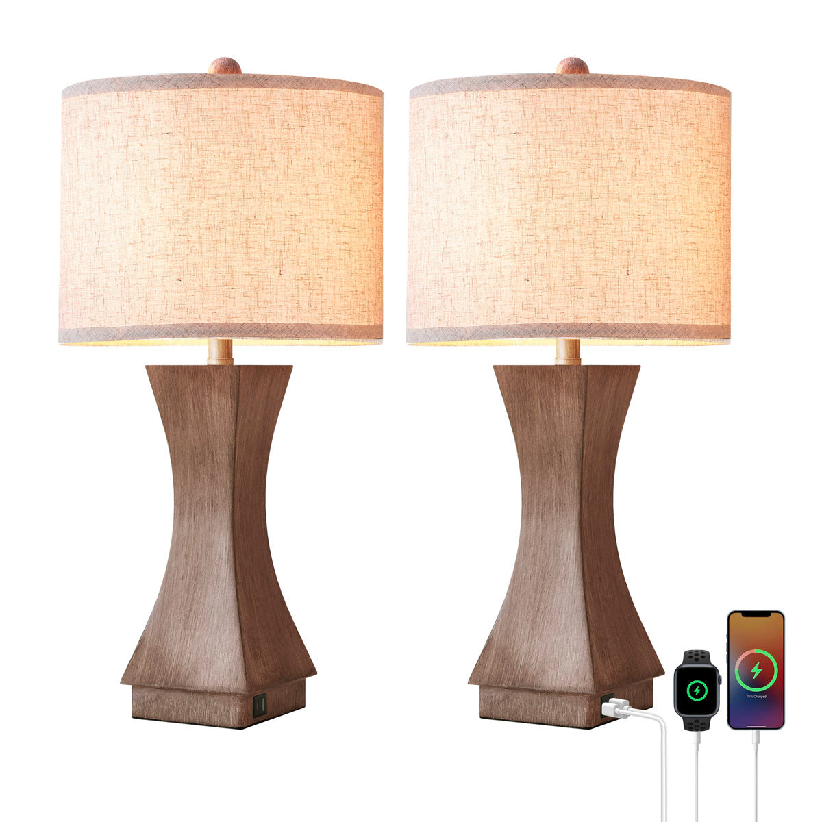 Modern Dimmable Resin Table Lamp with USB Port, 24-Inch, Brown, Set of 2
