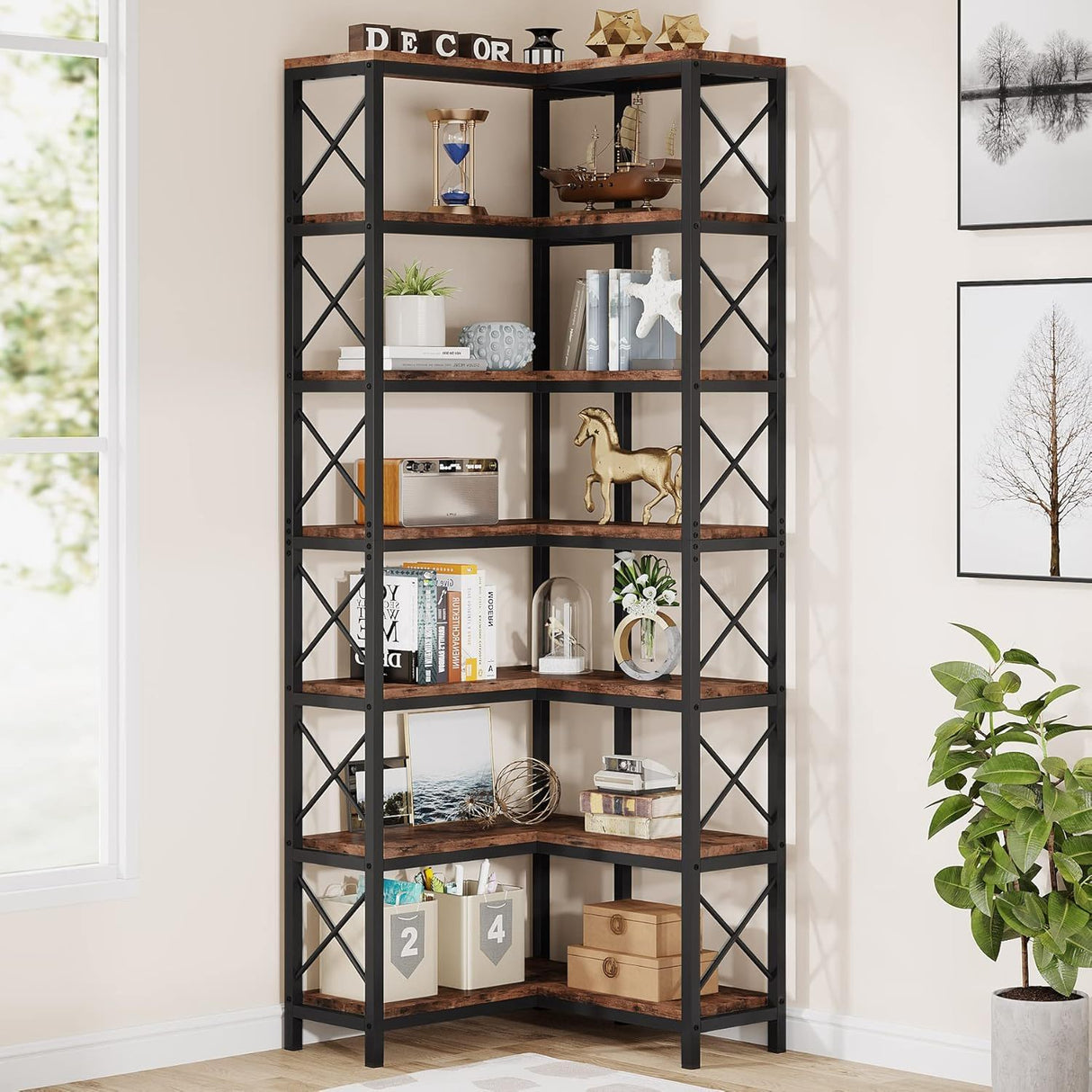 7 Tier Corner Bookshelf Storage Unit for Living Room