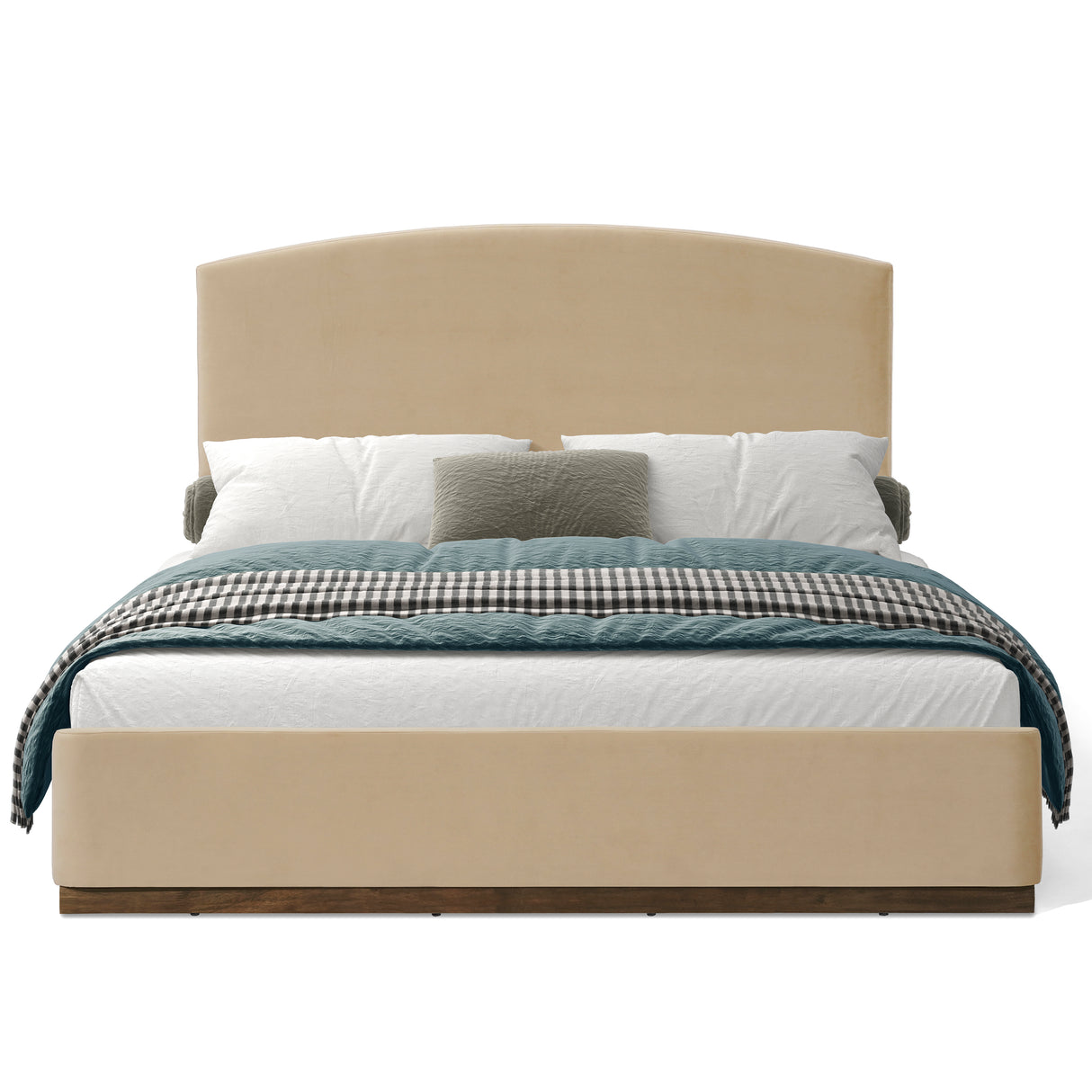 Queen Size Upholstered Bed Frame with Velvet Fabric Thick Headboard