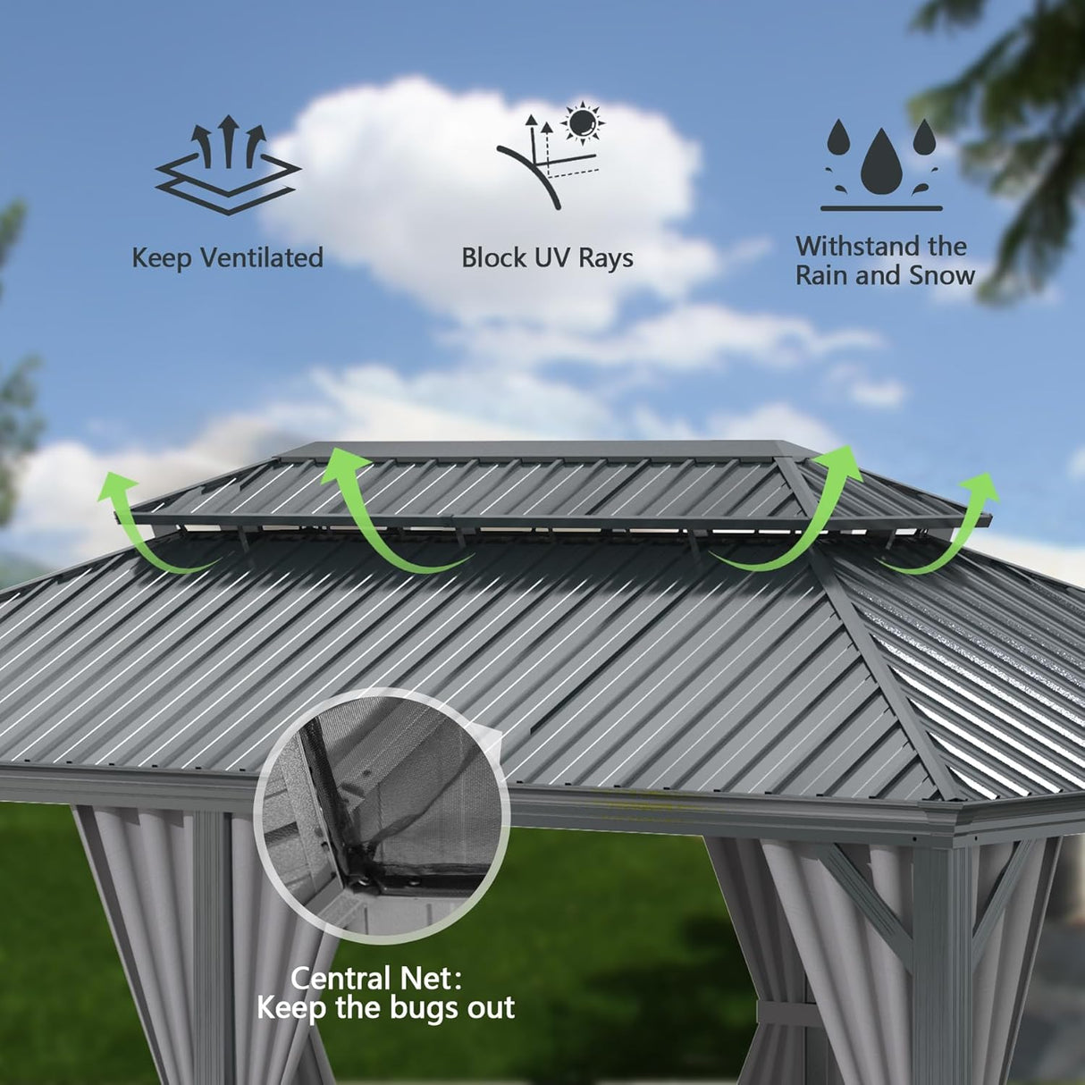 13x13FT Outdoor Hardtop Gazebo with Galvanized Steel Double Roof