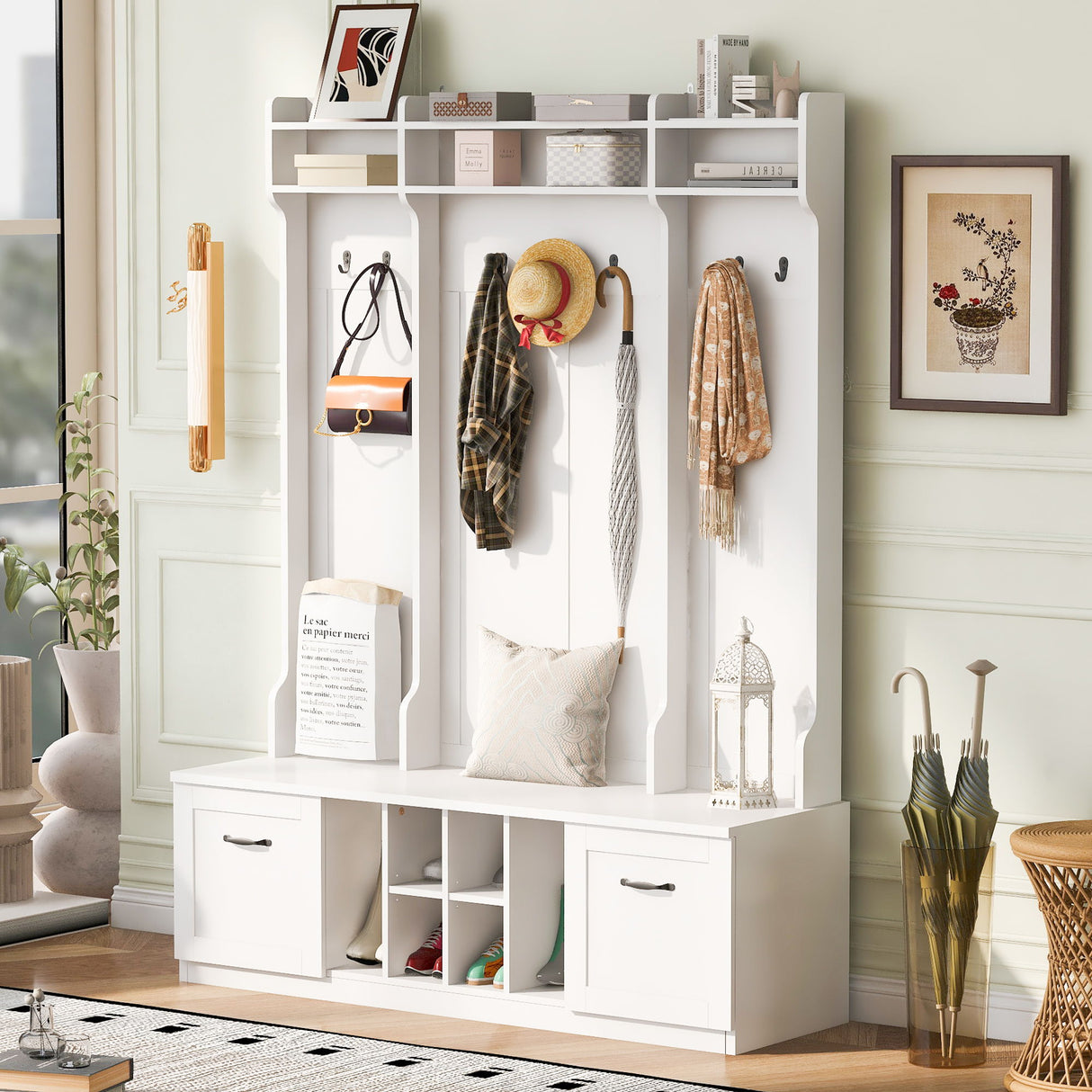 5 In 1 Entryway Bench With Coat Rack, 7 Sturdy Hooks, 2 Spacious Drawers And Adjustable Shelves