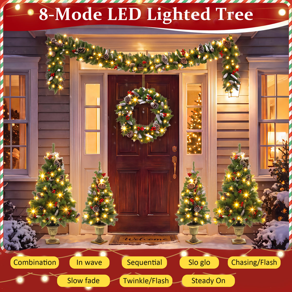 6-Piece Christmas Tree Set – 4 Trees with Sturdy Bases, 1 Pre-Lit Wreath, 1 Garland, Warm