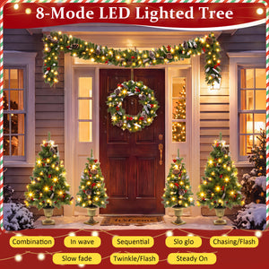 6-Piece Christmas Tree Set – 4 Trees with Sturdy Bases, 1 Pre-Lit Wreath, 1 Garland, Warm
