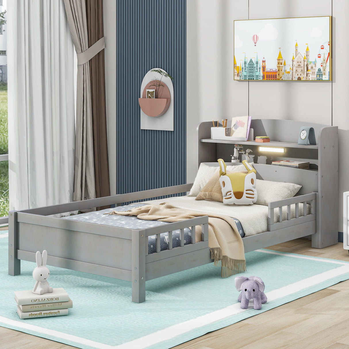 Wood Platform Bed With Built In LED Light, Storage Headboard And Guardrail