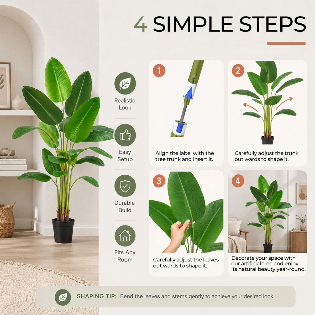 Bird of Paradise Artificial Plant 6 ft Tall Faux Banana Leaf Tree