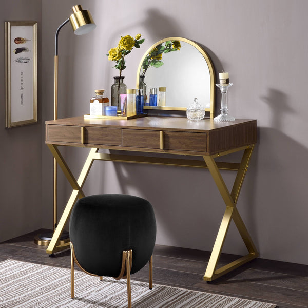 Coleen Walnut & Gold Finish Vanity Desk with Mirror & Jewelry Tray