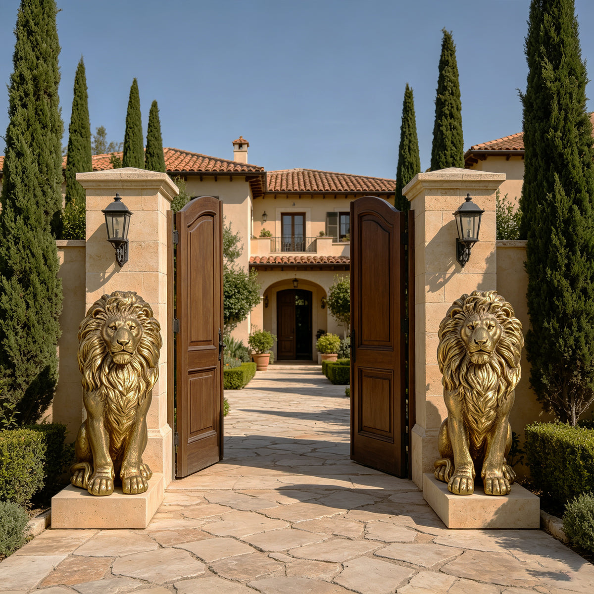 24" Outdoor Lion Statue with Magnesium Oxide Construction - Gold