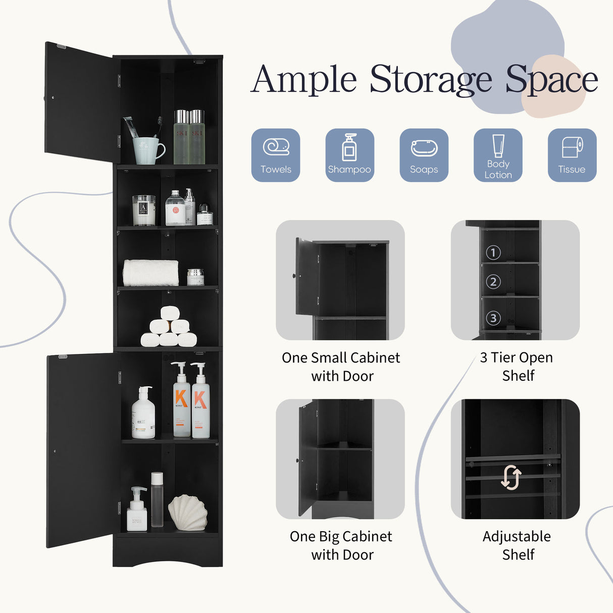 Multi-Functional Corner Cabinet Tall Bathroom Storage Cabinet with Two Doors and Adjustable Shelves, Open Shelf