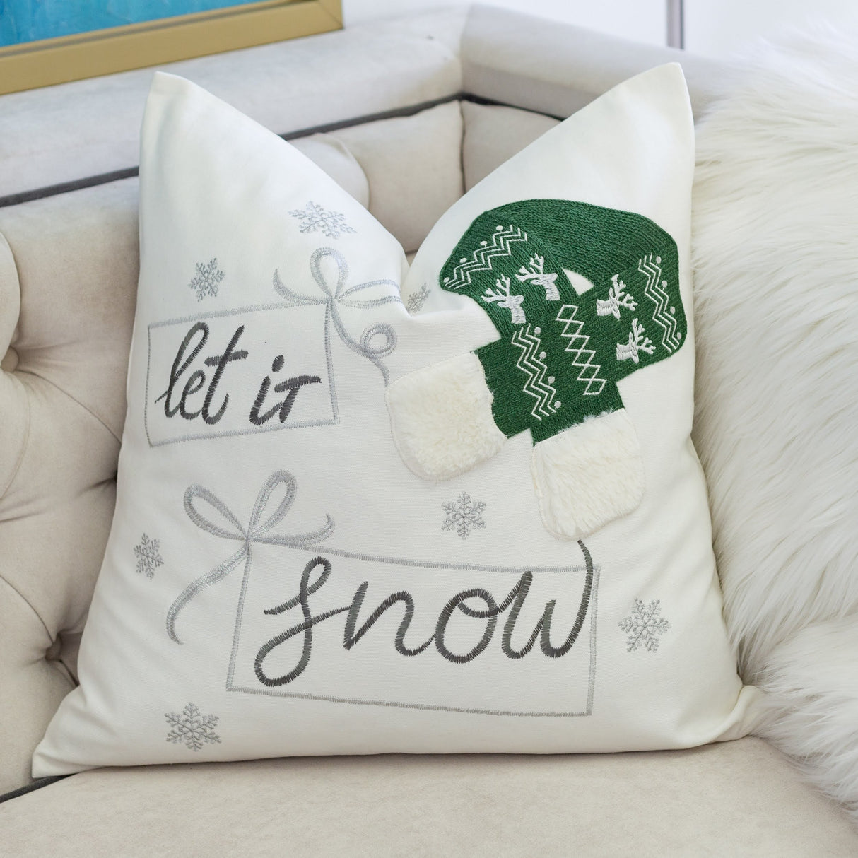 Let-It-Snow-Christmas-Throw-Pillow-20x20-Cotton-Cushion-with-Green-Hat-Throw-Pillows