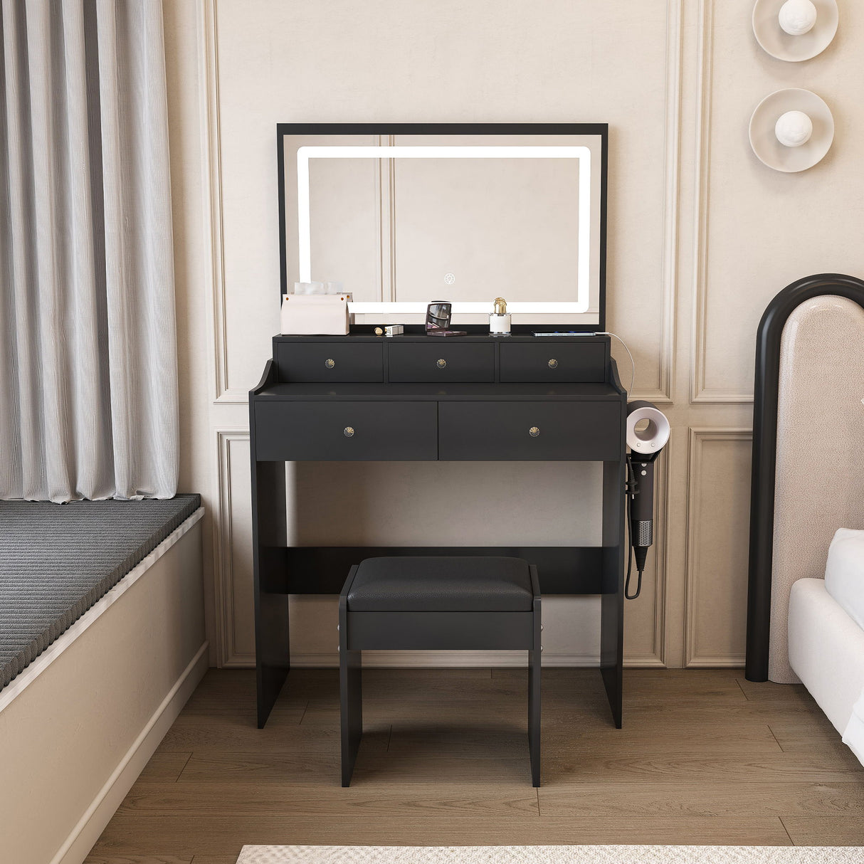 Modern Makeup Vanity Set With Power Outlet, Hair Dryer Holder, And Adjustable Lighting