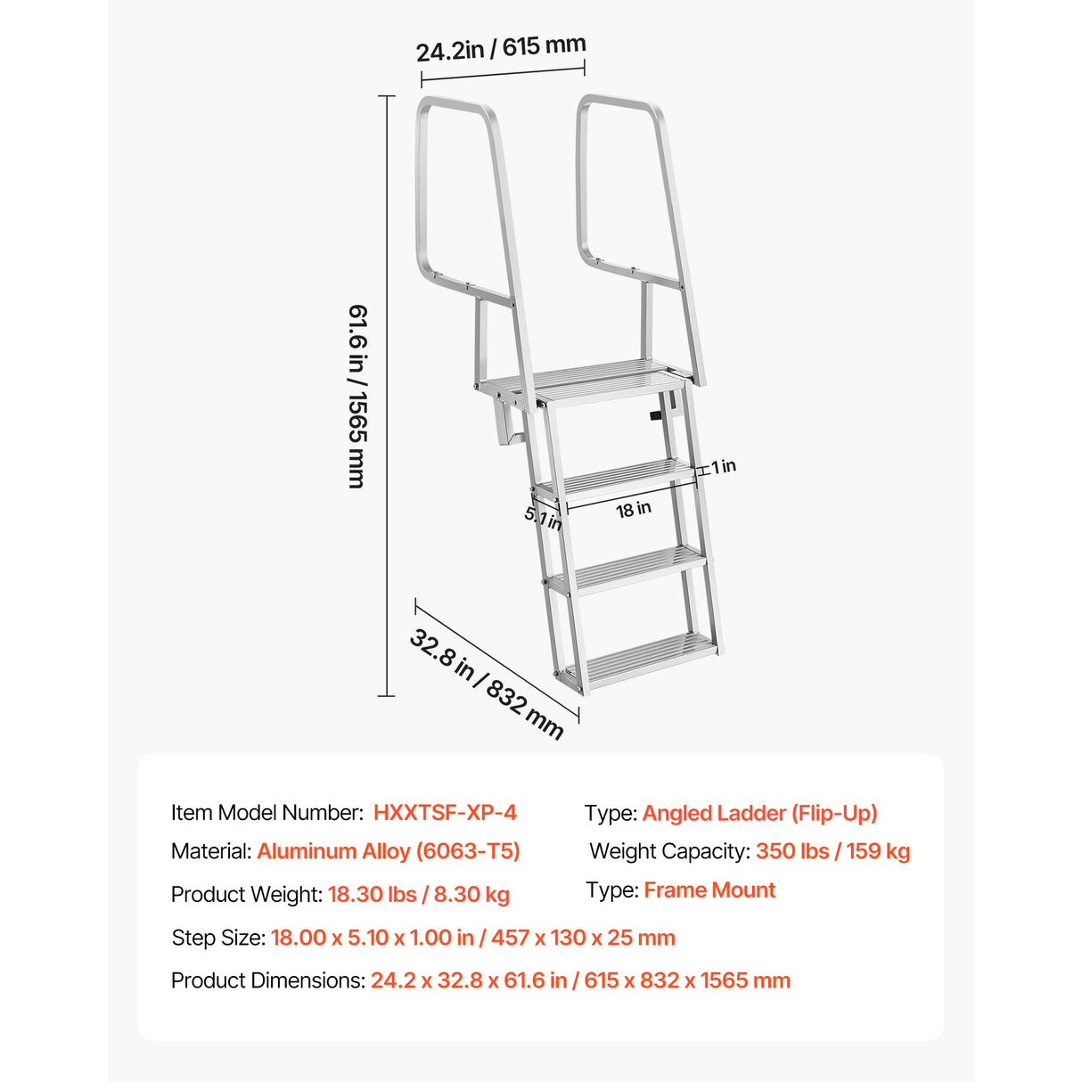 Flip-Up Dock Ladder, 4-Step, Heavy-Duty Aluminum Alloy Pontoon Boat Swim Ladder