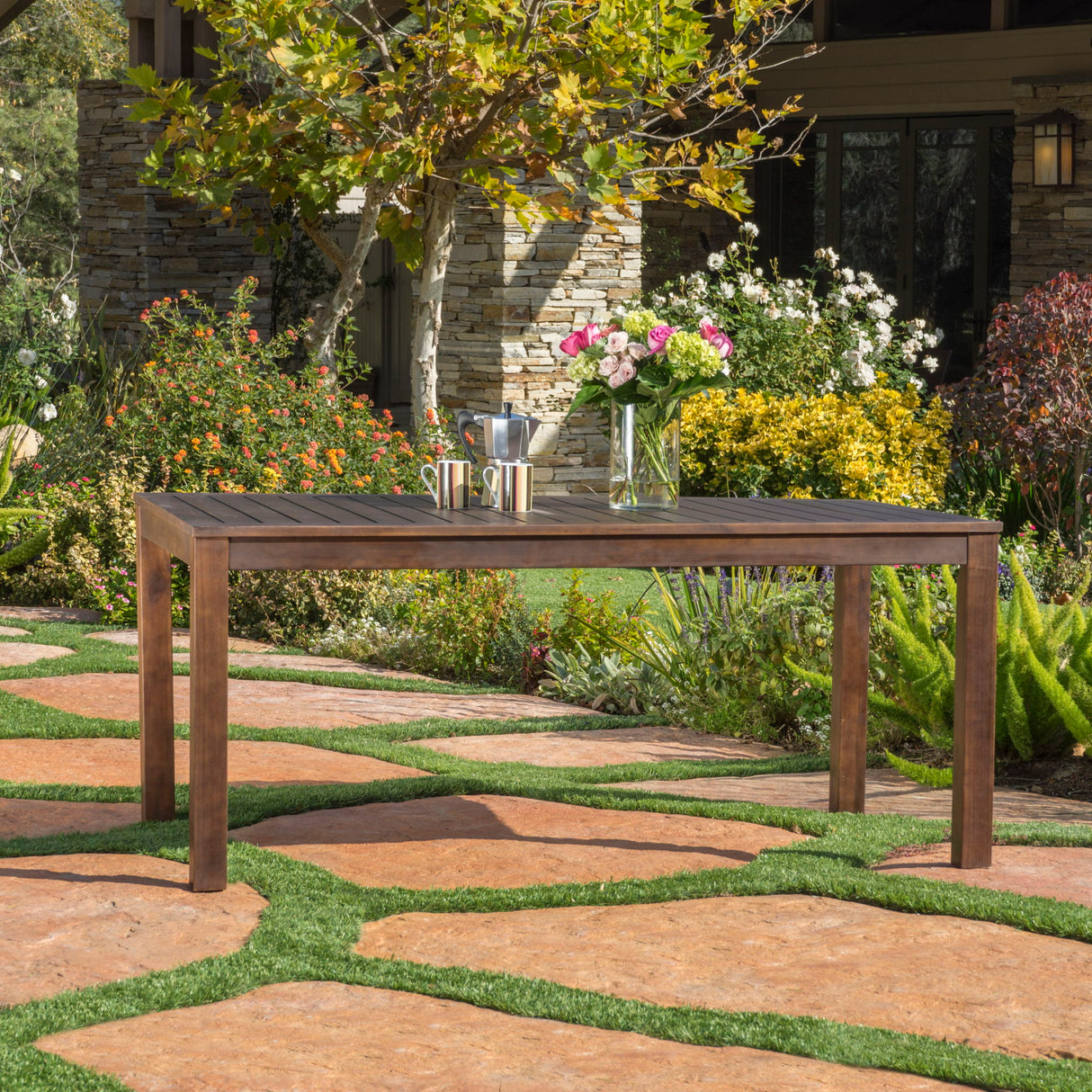 Acacia Wood Outdoor Dining Table With Slatted Top - Dark Brown