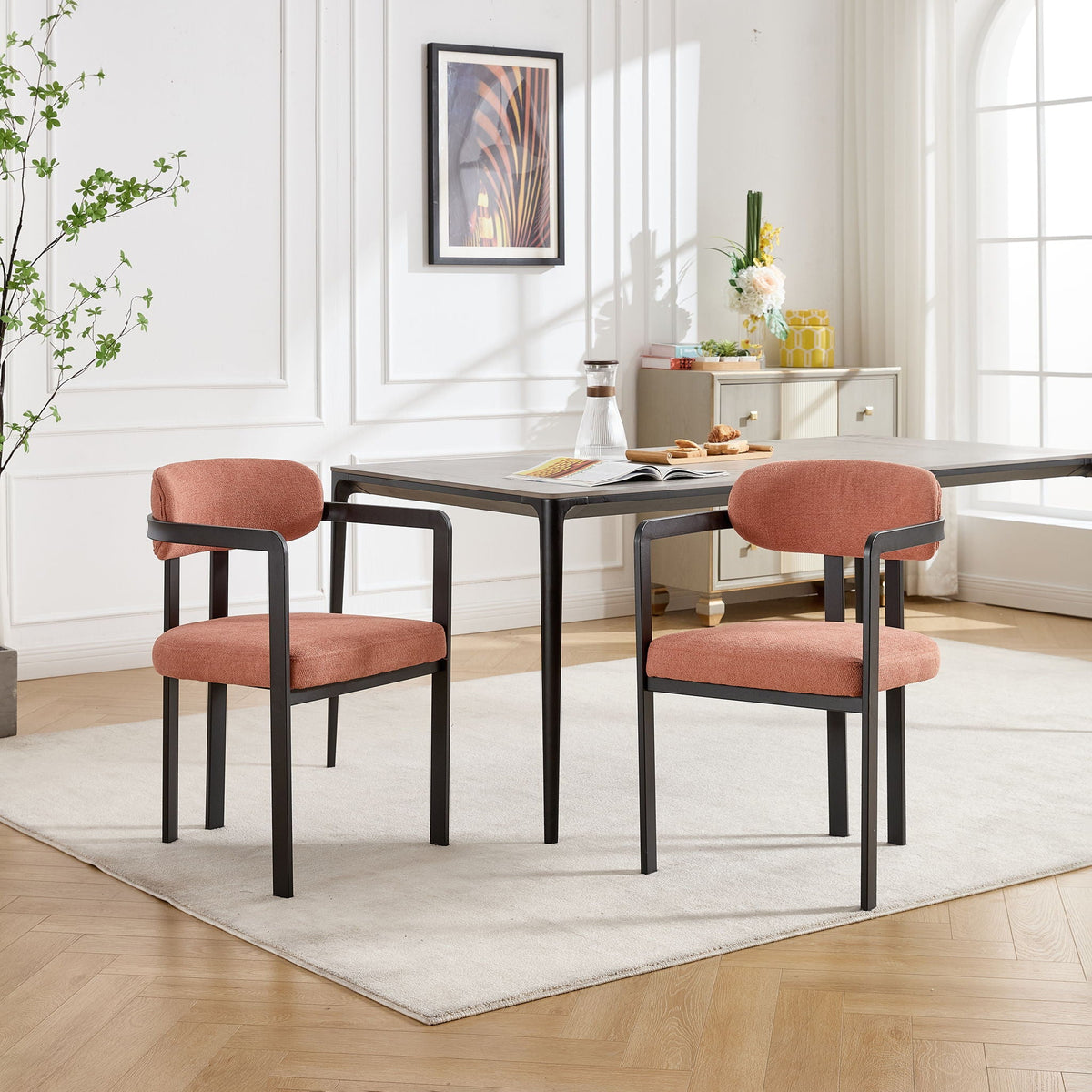 Dining Arm Chairs Set of 2 with Fabric Upholstery and Metal Legs