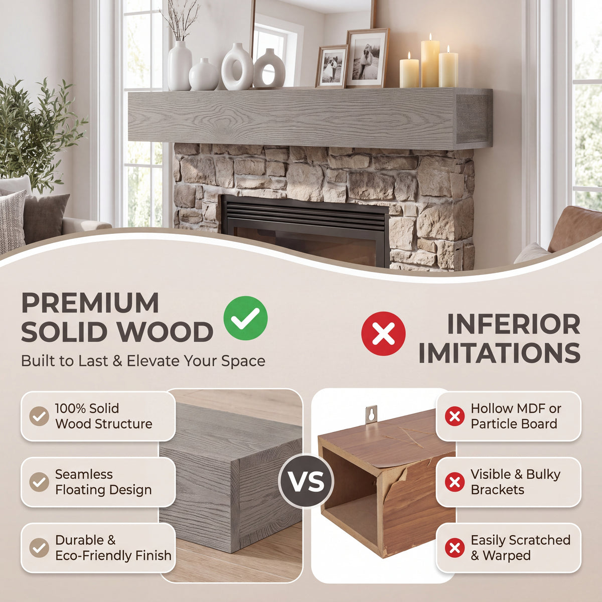 Droad 60" Rustic Embossed Wood Fireplace Mantel - view 8