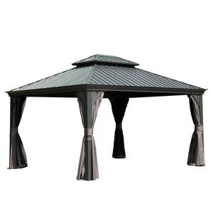 10' x 12' Hardtop Gazebo Outdoor Metal Gazebo with Galvanized Steel Double Roof Canopy, Aluminum Frame, Curtains and