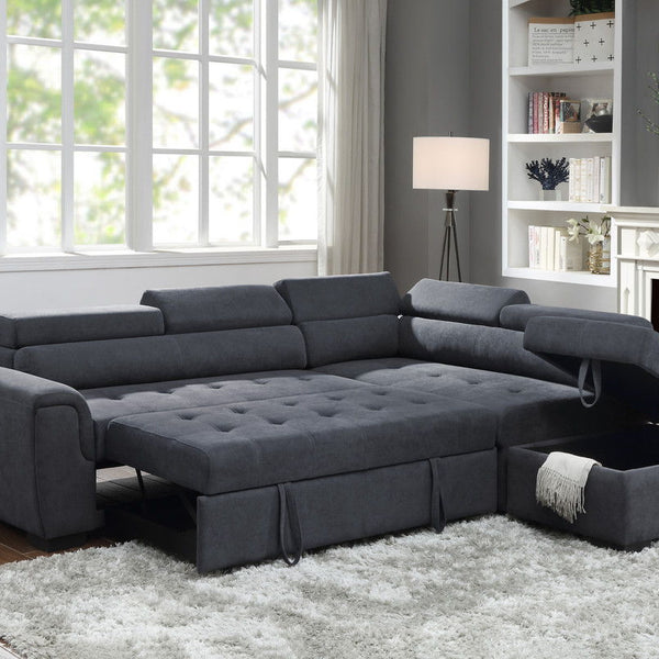 Haris - Sleeper Sofa Sectional With Adjustable Headrest And Storage Ottoman - Dark Gray