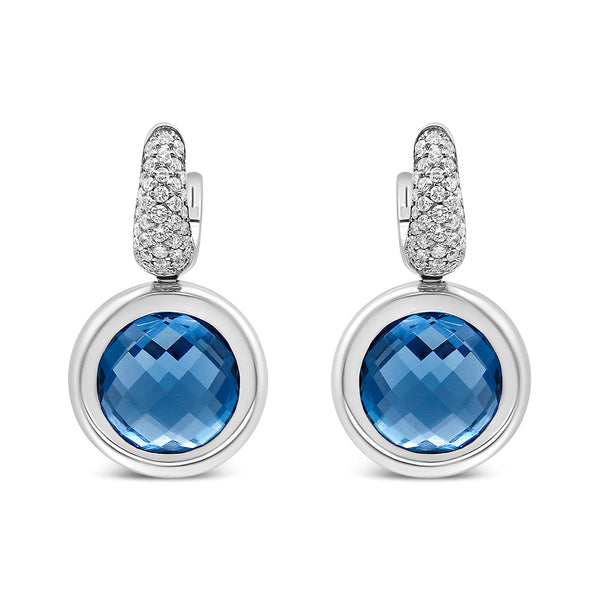 18K White Gold Bezel Set 11mm Blue Topaz and 1/2 Cttw Invisible Set Diamond Bale Dangle Earrings (F-G Color, VS1-VS2 Clarity)