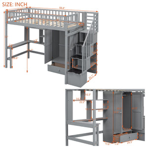 Loft Bed With Bookshelf, Drawers, Desk, And Wardrobe