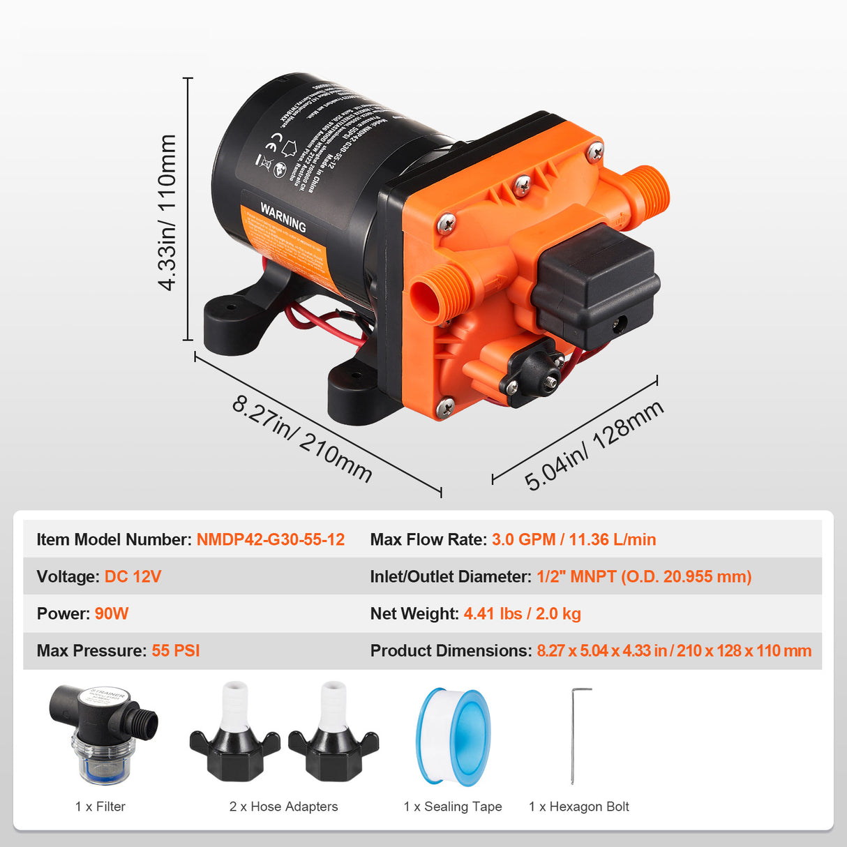12V Diaphragm Water Pump, 3 GPM (11.36 L/min)