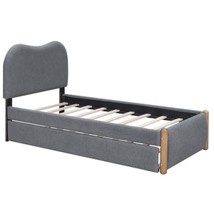 Upholstered Platform Bed With Wood Supporting Feet And Trundle