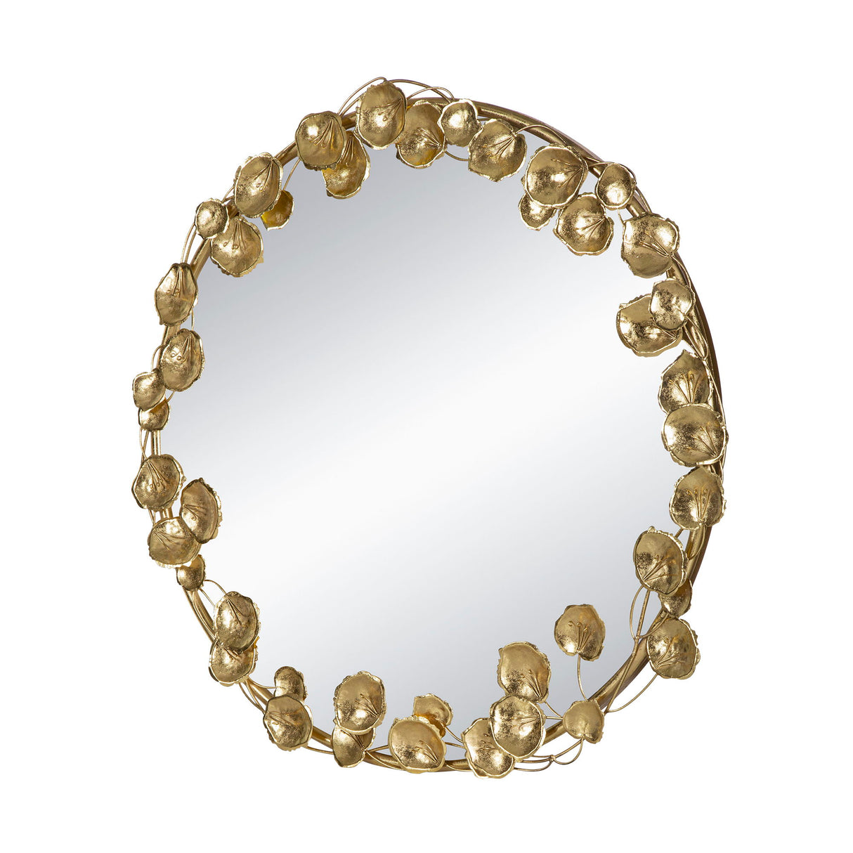 Round Metal Wall Mirror With en Leaf Accents, Modern Decor Mirror For Living Room Entryway Hallway - Gold