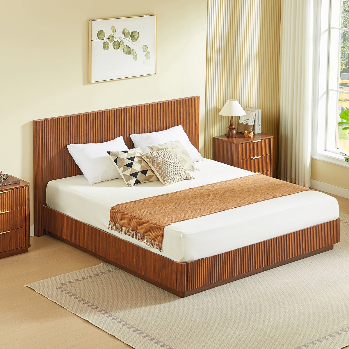 King Size Bed Frame with LED Lights in Walnut