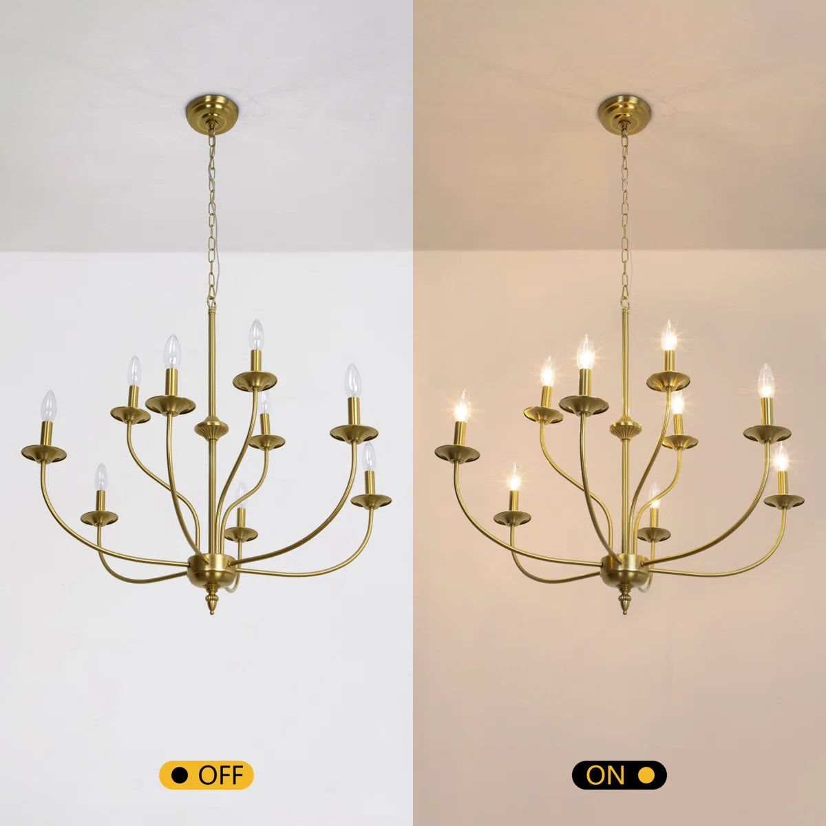 9-Light Dimmable Metal Chandelier with Candle-Style Arms, Gold
