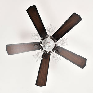 52" Crystal Shade Ceiling Fan Lamp, 3 Speed, 4 Timing, 5 Reversible Blades Crystal Ceiling Fan, 5 Pieces X E12 (No Include Bulb), Hand Pull Chain - Matte Black