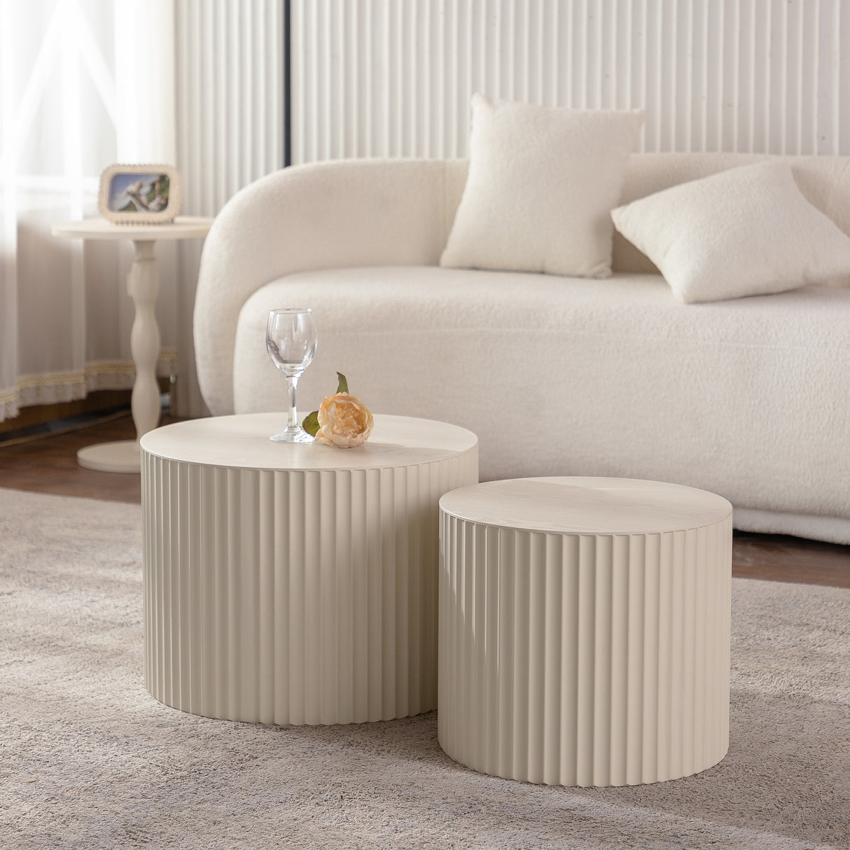 Beige Nesting Coffee Table Set of 2 Modern Drum Side Tables