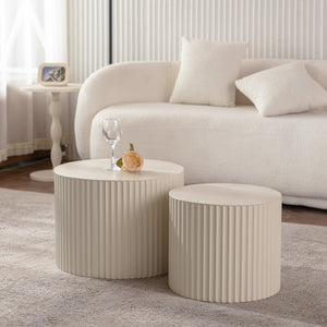 Beige Nesting Coffee Table Set of 2 Modern Drum Side Tables