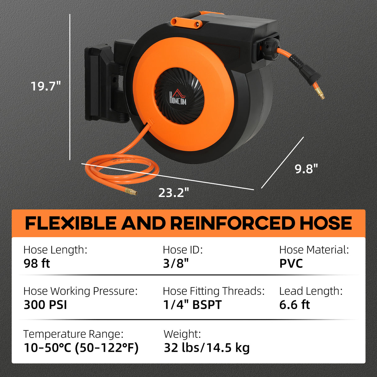 HOMCOM Retractable Air Hose Reel with Auto Rewind and Swivel Bracket