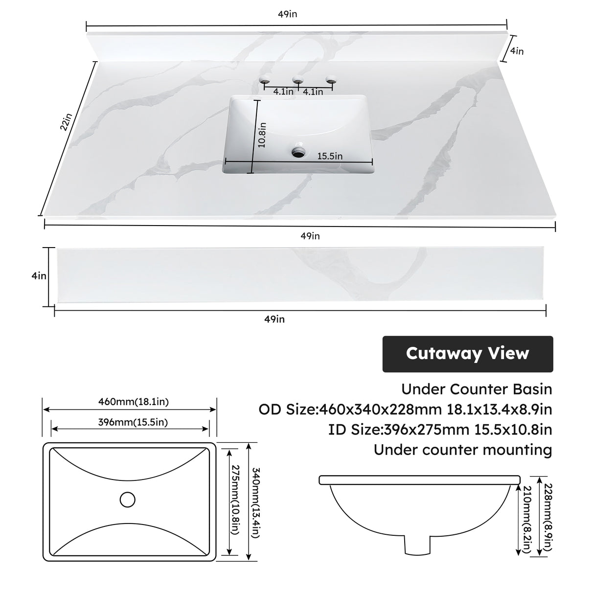 49-Inch Quartz Bathroom Vanity Top