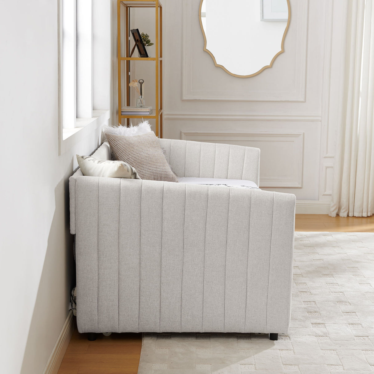 Upholstered Daybed With Trundle With Vertical Stripes