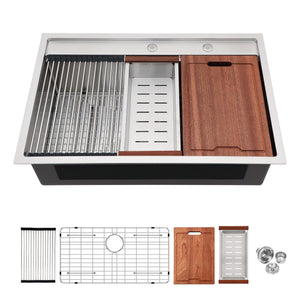 33" Drop In Kitchen Sink With Workstation, 16 Gauge Stainless Steel - Brushed Nickel