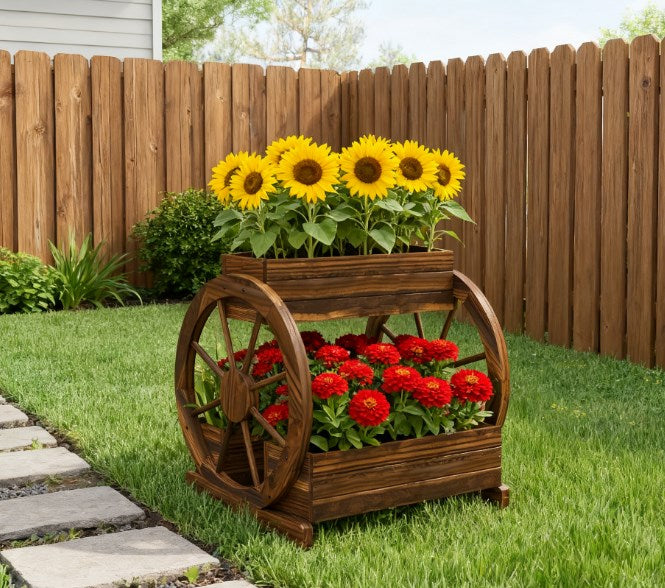 Outdoor Wooden Wagon Planter Box - 3-Tier Raised Garden Bed