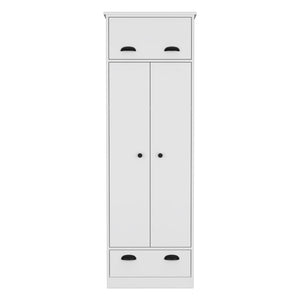 Dresser Closet With Upper Storage Covered With 1 Door, 2 Central Shelves, 1 Tube For Hanging Clothes Covered By 2 Doors, 1 Drawer At The Bottom - White