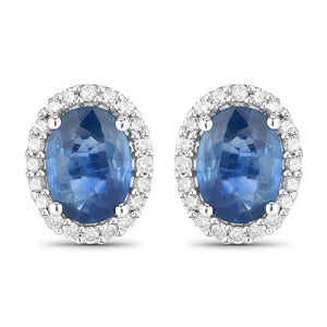 2.16 Carat Genuine Blue Sapphire and White Diamond 14K White Gold Earrings