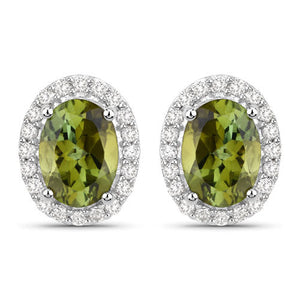 1.92 Carat Genuine Green Tourmaline and White Diamond 14K White Gold Earrings