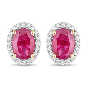 1.96 Carat Genuine Ruby and White Diamond 14K Yellow Gold Earrings