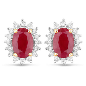 2.02 Carat Genuine Ruby and White Diamond 14K Yellow Gold Earrings