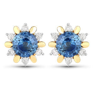 1.87 Carat Genuine Blue Sapphire and White Diamond 14K Yellow Gold Earrings