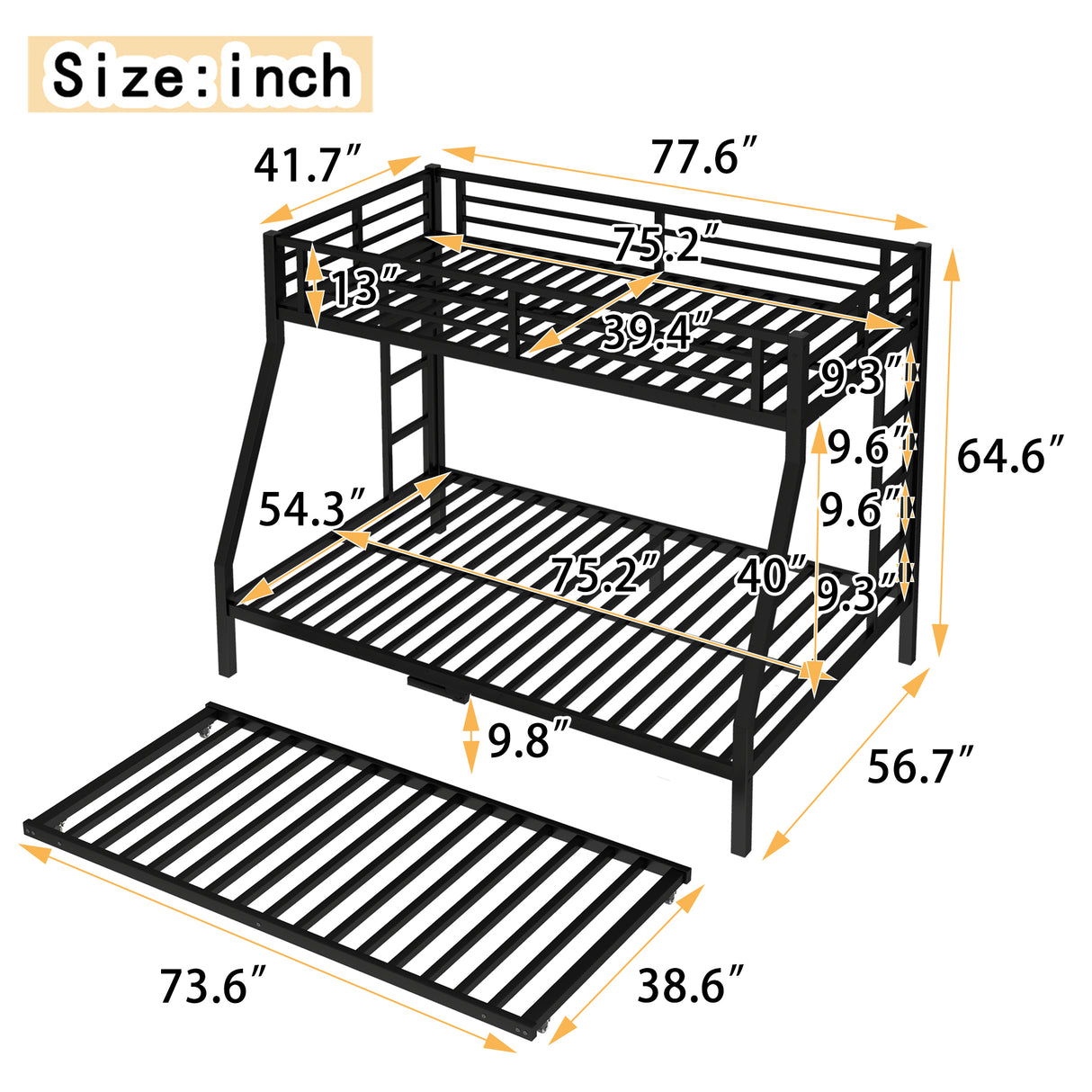 Twin Over Full Metal Bunk Bed with Twin Size Trundle